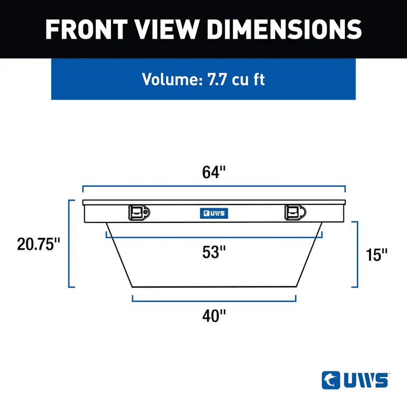 UWS TBSD-63A-BLK crossover truck tool box dimension drawing with overall and tub measurements