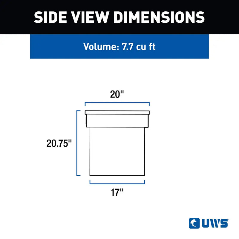 UWS TBSD-63A-BLK crossover truck tool box dimension drawing with overall and tub measurements (view 2)