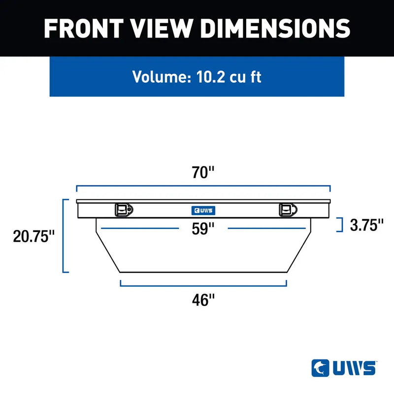 UWS TBSD-69-A-BLK crossover truck tool box dimension drawing with overall and tub measurements
