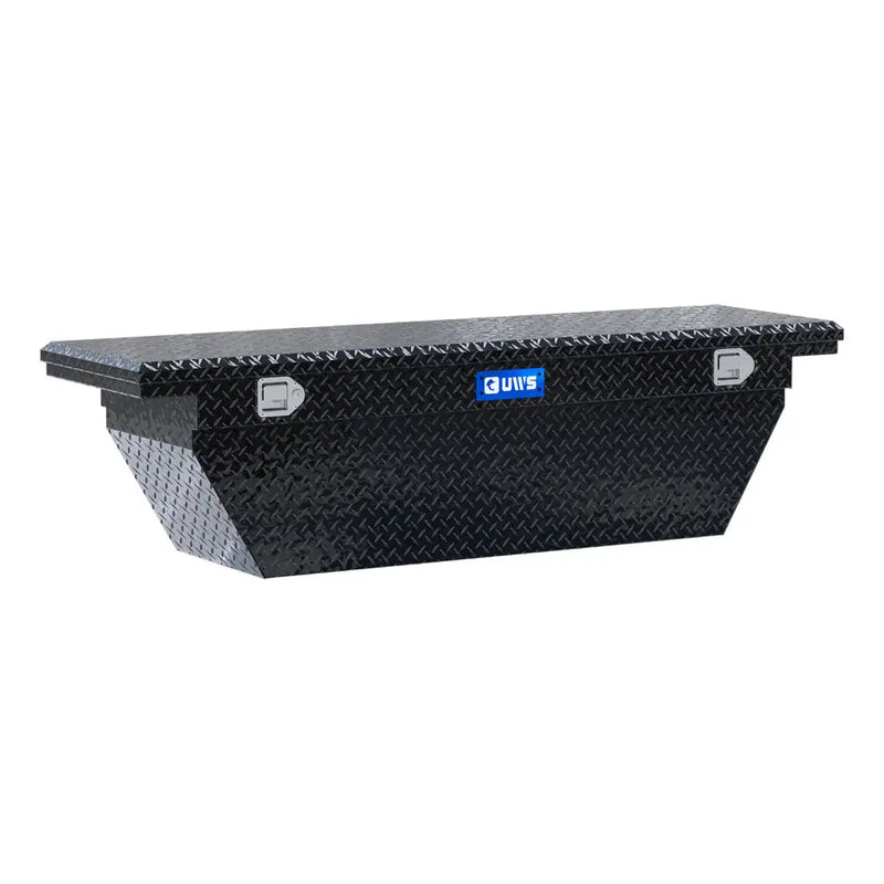 UWS 69" Deep Angled Low Profile Crossover Truck Tool Box, Gloss Black Aluminum, hero, front three-quarter studio view on white