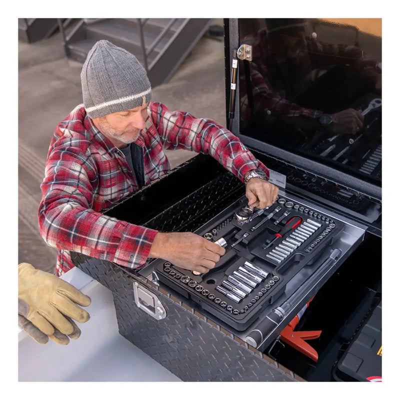 UWS TBSD-69-LBTA-B 69" gloss black crossover truck tool box, sliding tool tray loaded with hand tools