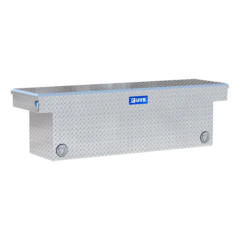 UWS 69" Deep Push Button Crossover Truck Tool Box, Bright Aluminum, hero, front three-quarter studio view on white