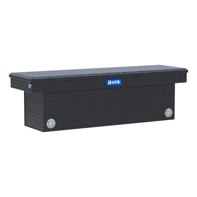 UWS 69" Deep Push Button Crossover Truck Tool Box, Matte Black Aluminum, hero, front three-quarter studio view on white