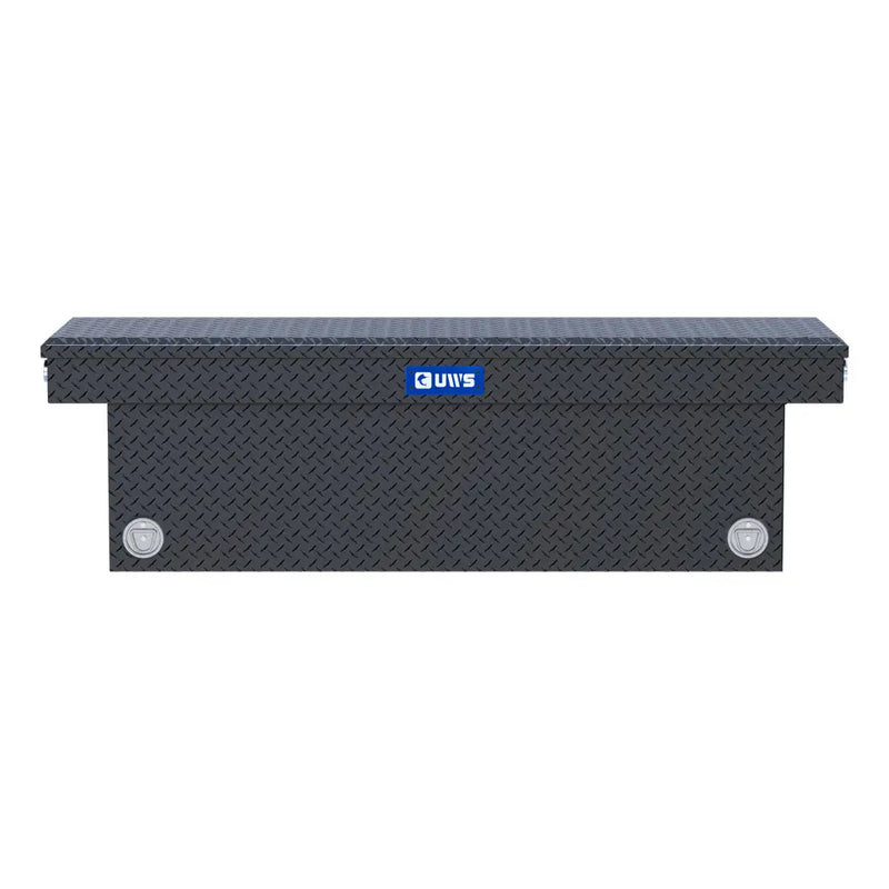 UWS 69" Deep Push Button Crossover Truck Tool Box, Matte Black Aluminum, studio angle, front elevation