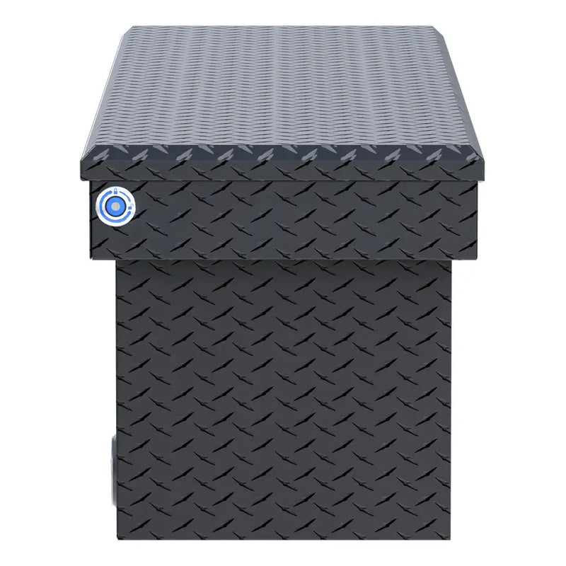 UWS 69" Deep Push Button Crossover Truck Tool Box, Matte Black Aluminum, studio angle, fully open