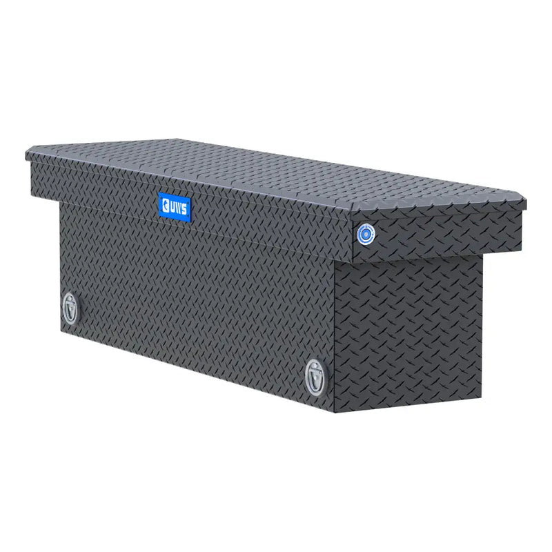 UWS 69" Deep Push Button Crossover Truck Tool Box, Matte Black Aluminum, studio angle, opened from the side