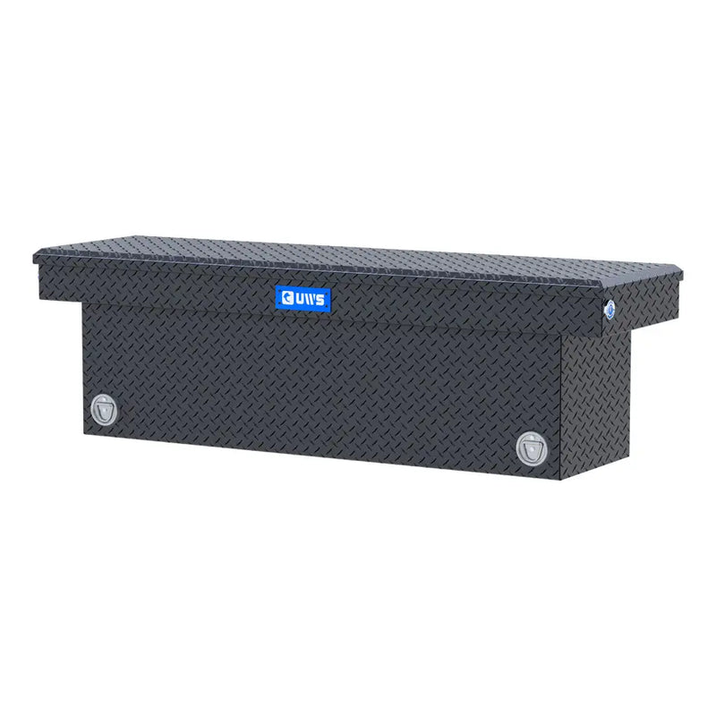UWS 69" Deep Push Button Crossover Truck Tool Box, Matte Black Aluminum, studio angle, opened