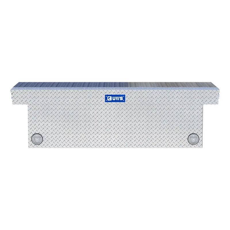 UWS 69" Deep Push Button Crossover Truck Tool Box, Bright Aluminum, studio angle, front elevation