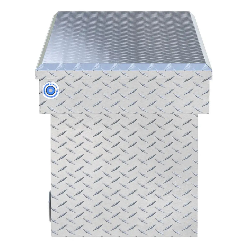 UWS 69" Deep Push Button Crossover Truck Tool Box, Bright Aluminum, studio angle, fully open