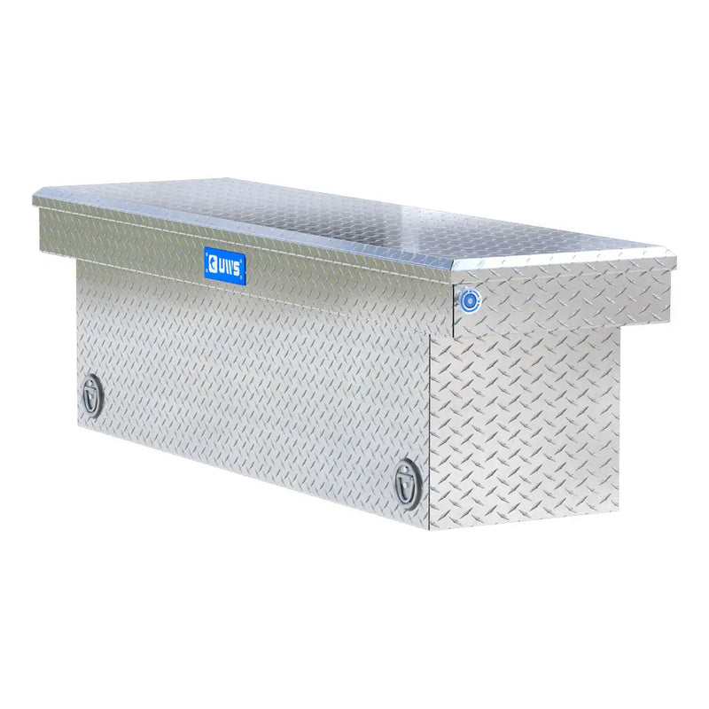 UWS 69" Deep Push Button Crossover Truck Tool Box, Bright Aluminum, studio angle, opened from the side