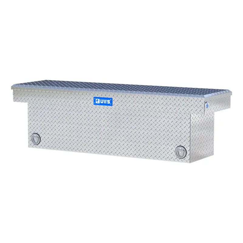 UWS 69" Deep Push Button Crossover Truck Tool Box, Bright Aluminum, studio angle, opened