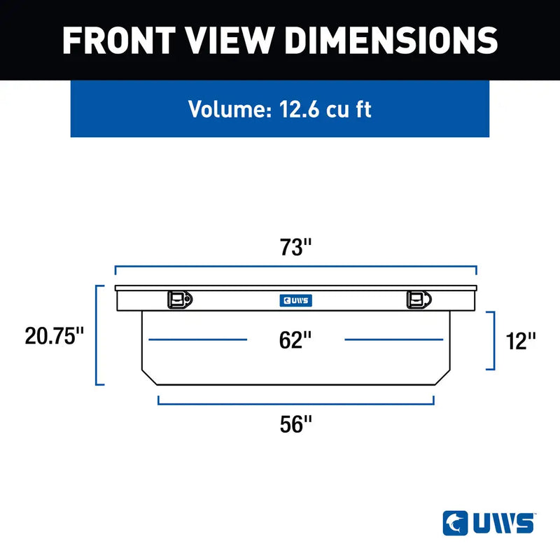 UWS TBSD-72-A-BLK crossover truck tool box dimension drawing with overall and tub measurements