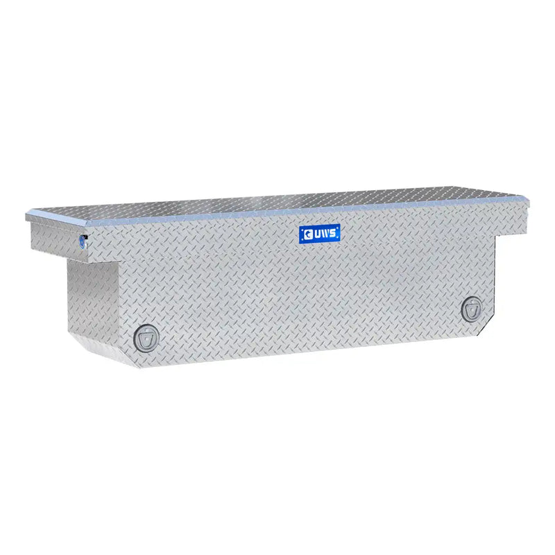 UWS 72" Deep Angled Push Button Crossover Truck Tool Box, Bright Aluminum, hero, front three-quarter studio view on white