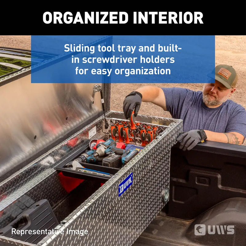 UWS 72" Deep Angled Push Button Crossover Truck Tool Box, Bright Aluminum, manufacturer panel illustrating the RigidCore foam-filled lid