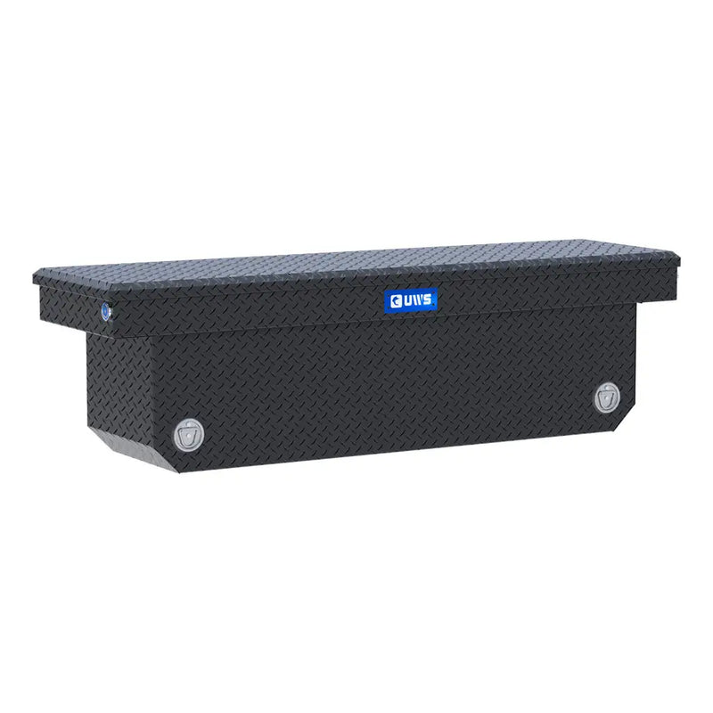 UWS 72" Deep Angled Push Button Crossover Truck Tool Box, Matte Black Aluminum, hero, front three-quarter studio view on white