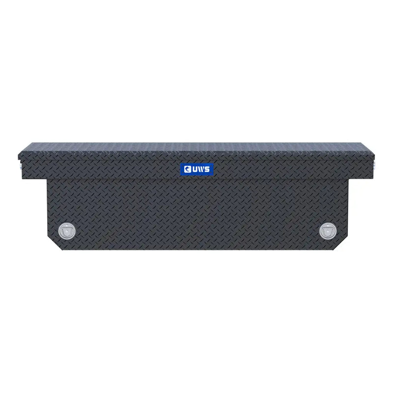 UWS 72" Deep Angled Push Button Crossover Truck Tool Box, Matte Black Aluminum, studio angle, front elevation