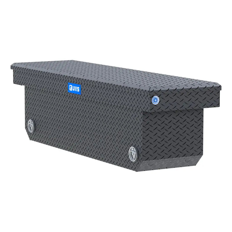 UWS 72" Deep Angled Push Button Crossover Truck Tool Box, Matte Black Aluminum, studio angle, opened from the side
