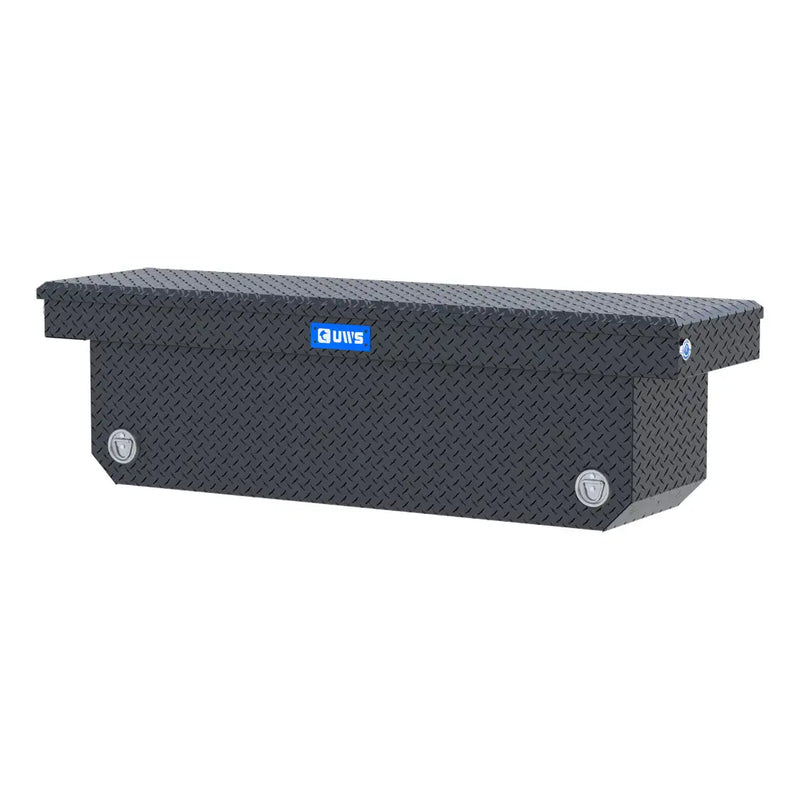 UWS 72" Deep Angled Push Button Crossover Truck Tool Box, Matte Black Aluminum, studio angle, opened