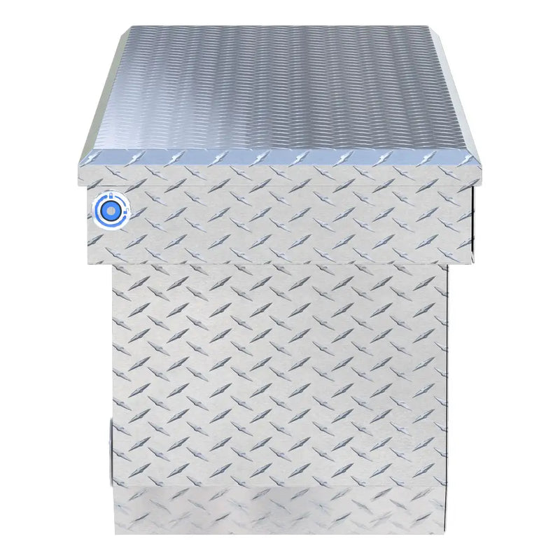 UWS 72" Deep Angled Push Button Crossover Truck Tool Box, Bright Aluminum, studio angle, fully open