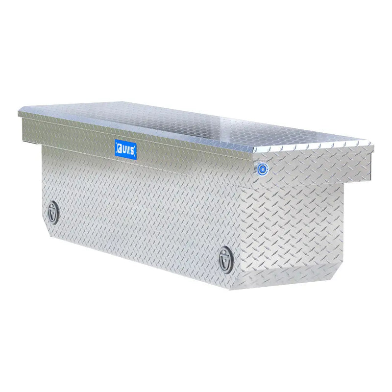 UWS 72" Deep Angled Push Button Crossover Truck Tool Box, Bright Aluminum, studio angle, opened from the side