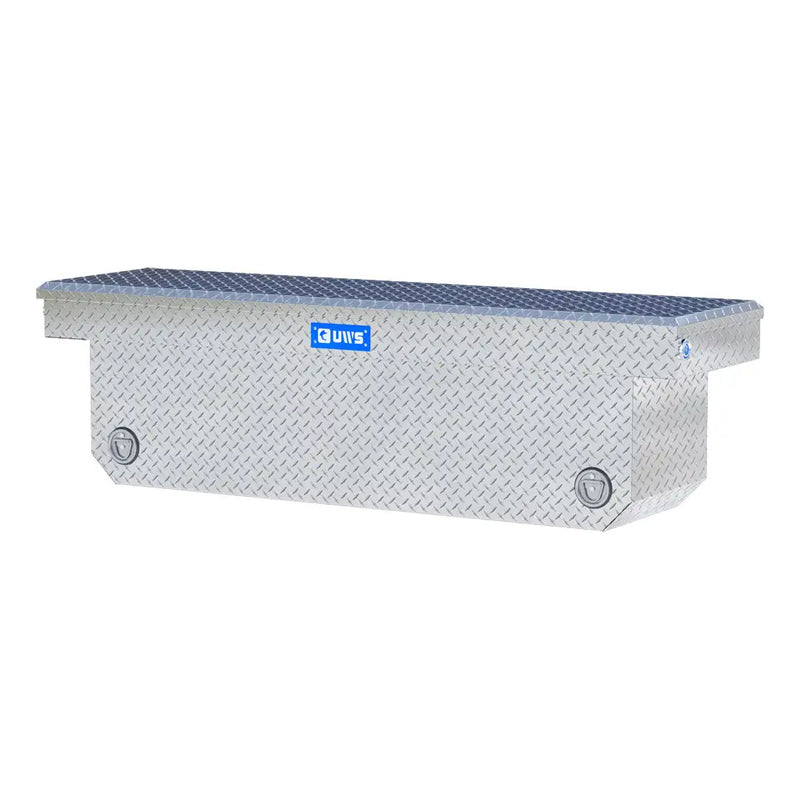 UWS 72" Deep Angled Push Button Crossover Truck Tool Box, Bright Aluminum, studio angle, opened