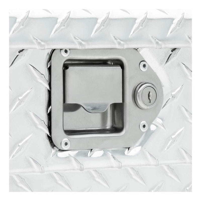UWS TBSD-72-LBTA 72" bright aluminum crossover truck tool box, stainless steel paddle lock handle close-up