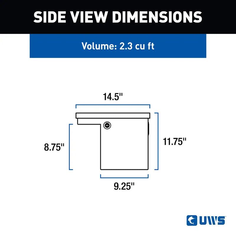 UWS 36" Low Profile Truck Side Tool Box, Bright Aluminum, manufacturer side view dimension drawing