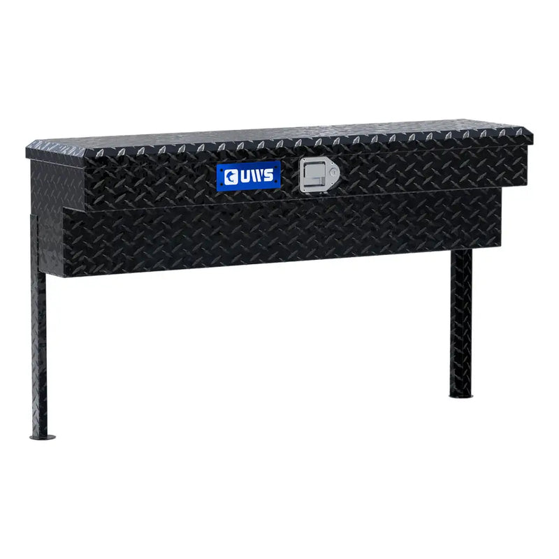 UWS 48" Truck Side Tool Box, Gloss Black Aluminum, studio angle, opened from the side