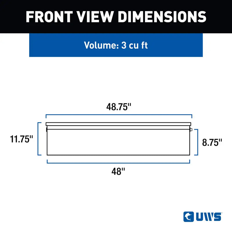 UWS 48" Low Profile Truck Side Tool Box, Gloss Black Aluminum, manufacturer front view dimension drawing