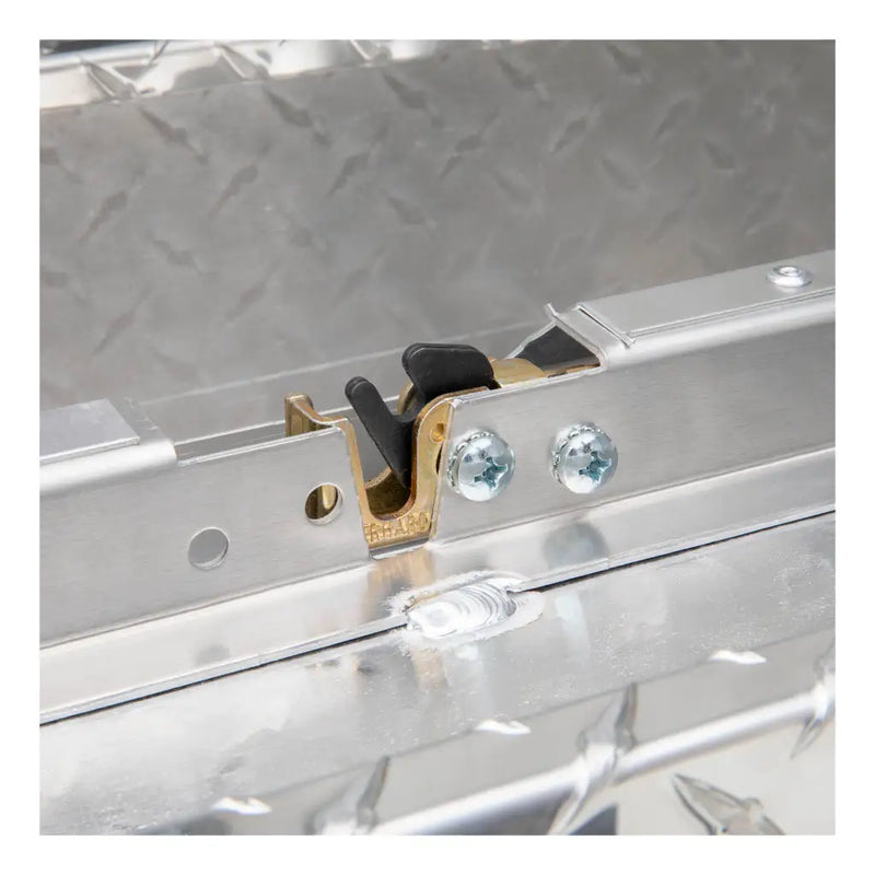UWS 48" Low Profile Truck Side Tool Box, Bright Aluminum, close-up of the latch mechanism