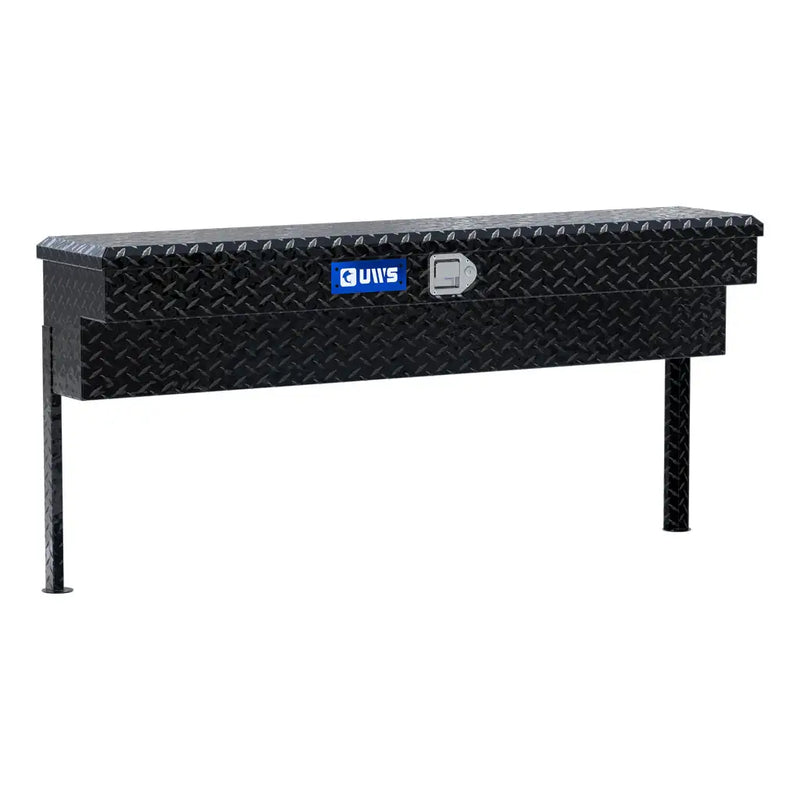 UWS 60" Truck Side Tool Box, Gloss Black Aluminum, studio angle, opened from the side