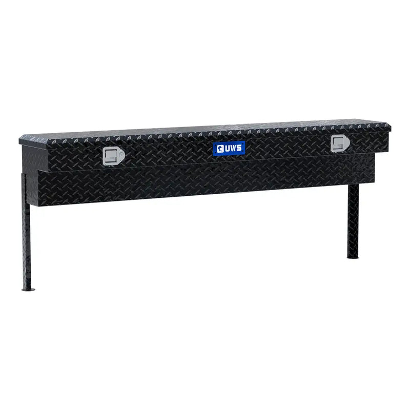 UWS 72" Truck Side Tool Box, Gloss Black Aluminum, studio angle, opened from the side