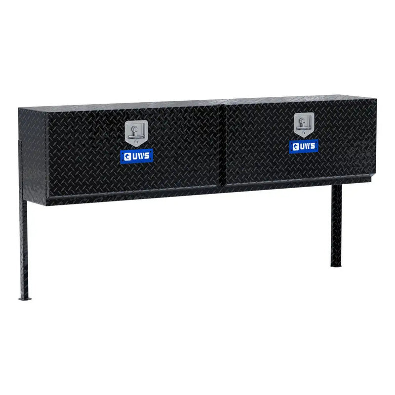 UWS 72" Topside Truck Tool Box, Double-Door Gloss Black Aluminum, studio angle, opened from the side