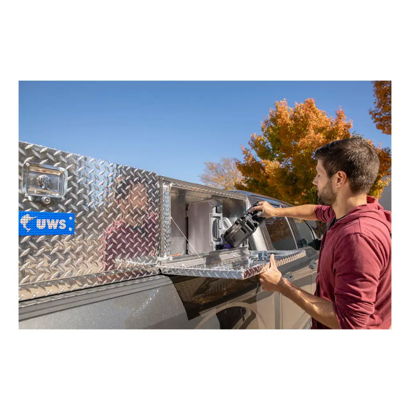 UWS 72" Topside Truck Tool Box, Double-Door Bright Aluminum, in use on a truck (view 2)