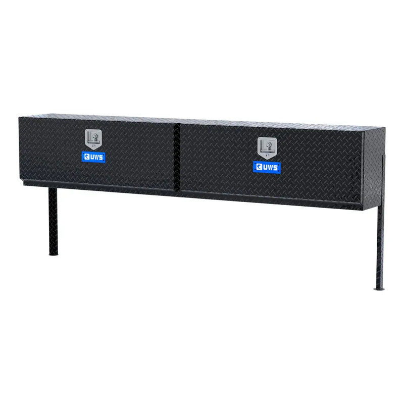 UWS 90" Topside Truck Tool Box, Double-Door Gloss Black Aluminum, studio angle, opened