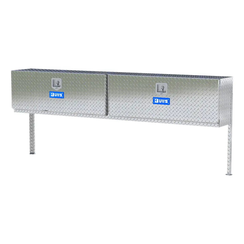 UWS 90" Topside Truck Tool Box, Double-Door Bright Aluminum, studio angle, opened