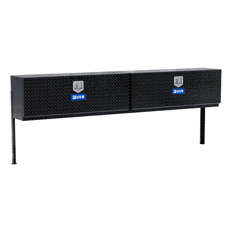 UWS 96" Topside Truck Tool Box, Double-Door Gloss Black Aluminum, studio angle, opened from the side
