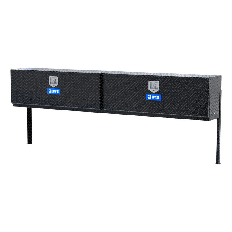 UWS 96" Topside Truck Tool Box, Double-Door Gloss Black Aluminum, studio angle, opened