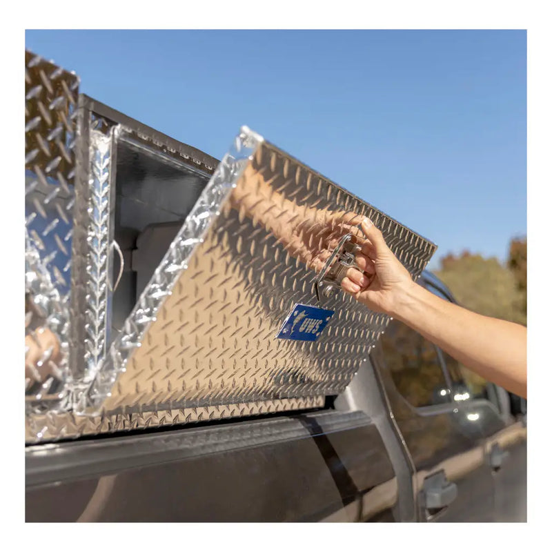 UWS 96" Topside Truck Tool Box, Double-Door Bright Aluminum, in use on a truck (view 4)