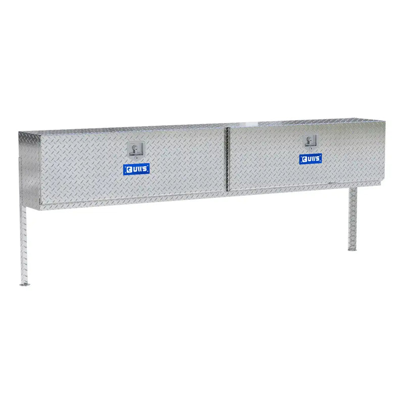 UWS 96" Topside Truck Tool Box, Double-Door Bright Aluminum, studio angle, opened from the side