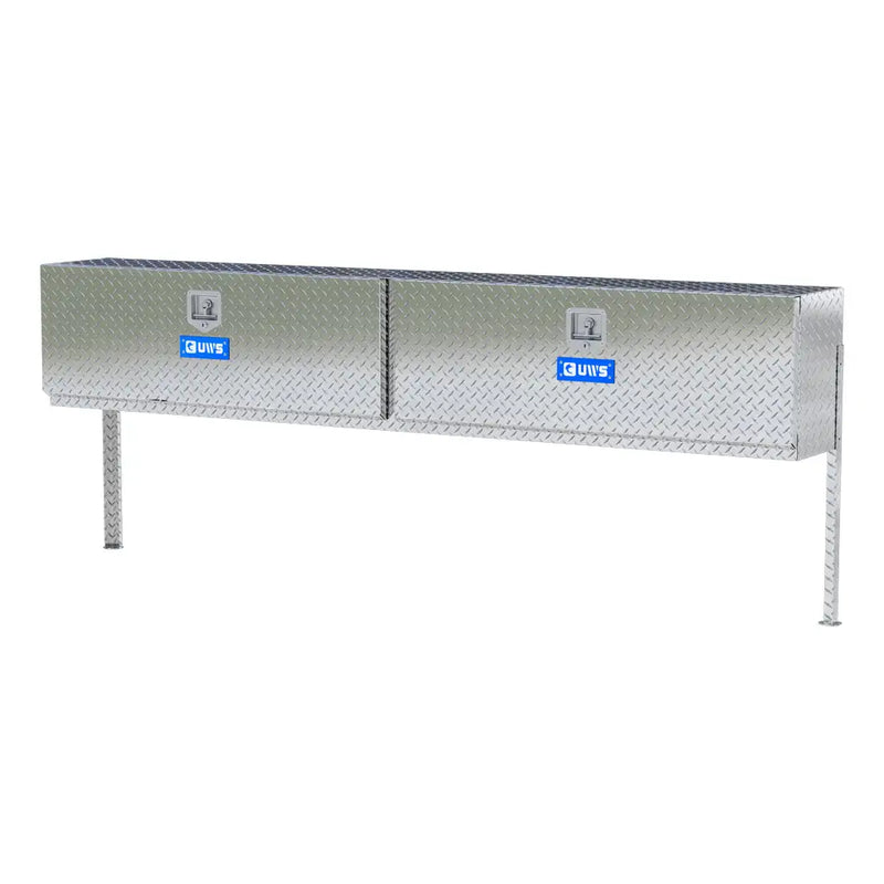UWS 96" Topside Truck Tool Box, Double-Door Bright Aluminum, studio angle, opened