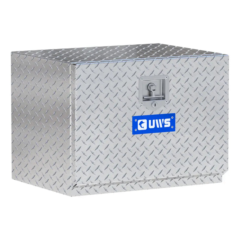UWS 24" Underbody Truck Tool Box, Single-Door Bright Aluminum, studio angle, opened from the side