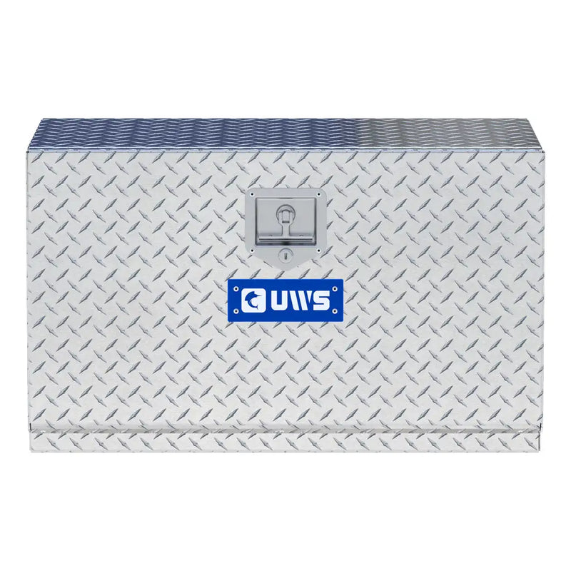 UWS 30" Underbody Truck Tool Box, Single-Door Bright Aluminum, studio angle, front elevation