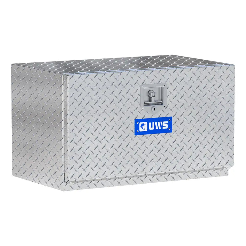UWS 30" Underbody Truck Tool Box, Single-Door Bright Aluminum, studio angle, opened from the side