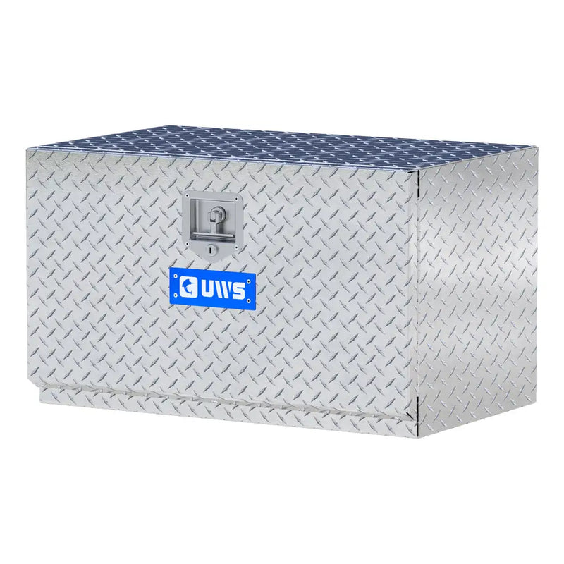 UWS 30" Underbody Truck Tool Box, Single-Door Bright Aluminum, studio angle, opened