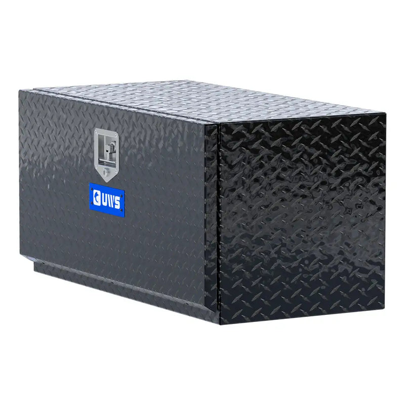 UWS 36" Underbody Truck Tool Box, Single-Door Gloss Black Aluminum, hero, front three-quarter studio view on white