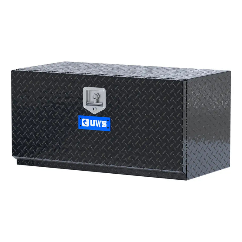UWS 36" Underbody Truck Tool Box, Single-Door Gloss Black Aluminum, studio angle, opened