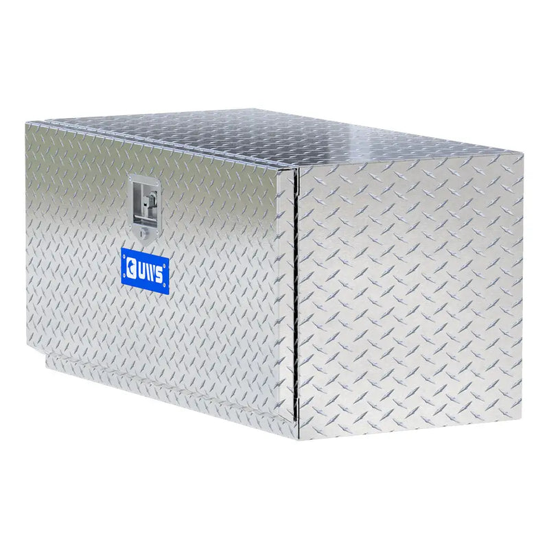 UWS 36" Underbody Truck Tool Box, Single-Door Bright Aluminum, hero, front three-quarter studio view on white