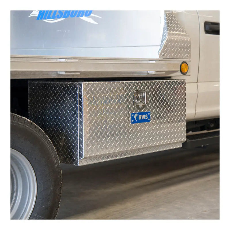 UWS 36" Underbody Truck Tool Box, Single-Door Bright Aluminum, in use on a truck (view 2)