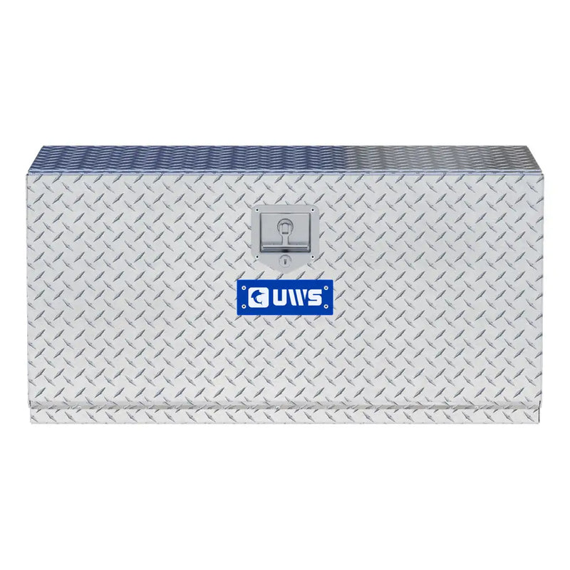 UWS 36" Underbody Truck Tool Box, Single-Door Bright Aluminum, studio angle, front elevation